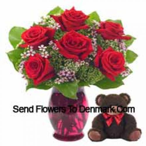 7 Red Roses with Cute 14 Inch Teddy