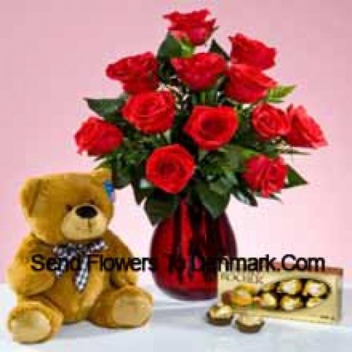 11 Rose Rosse con Orso di Peluche da 12 Pollici e Ferrero Rochers