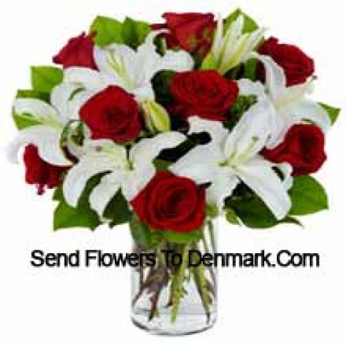 Cute Red Roses and White Lilies