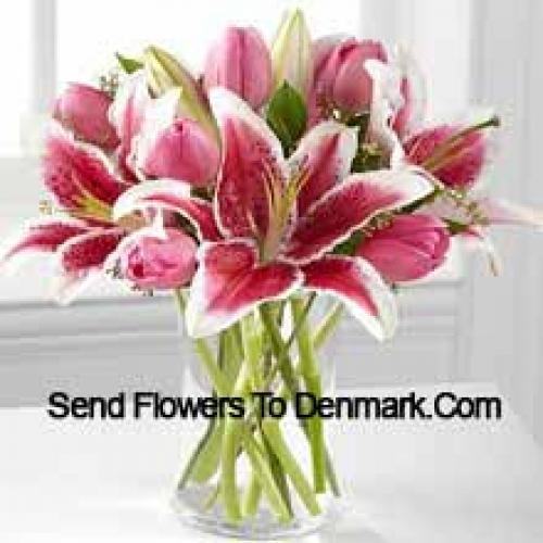 Pink Lilies and Tulips in Vase