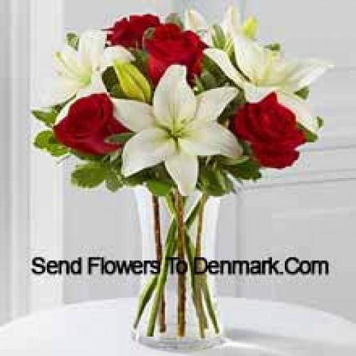 Red Roses and Cute White Lilies in Vase