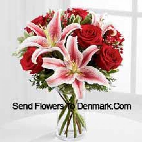 Red Roses with Stargrazer and Assorted Flowers in Vase